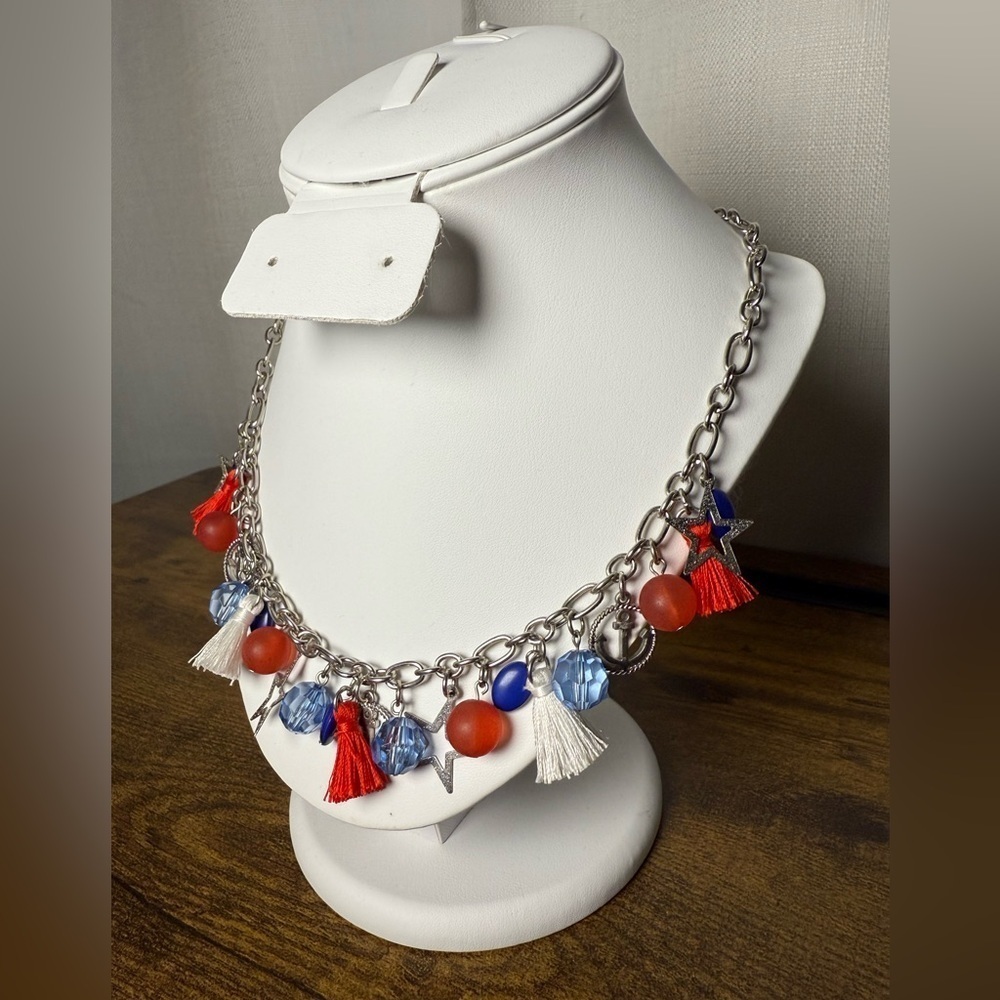 Red White and Blue Nautical Bead Chain Charm Necklace - Picture 3 of 7